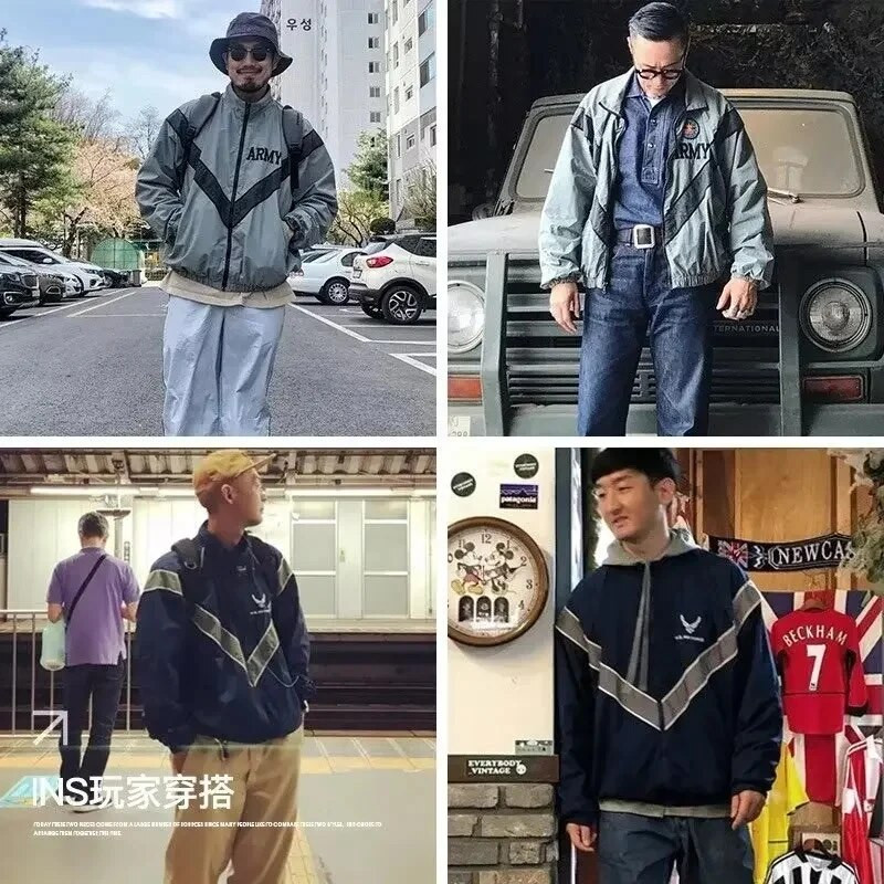 Jachete de vânt cu glugă cu uscare rapidă, pentru bărbați, de primăvară, ocazional, reflectorizante, pentru antrenament pentru pilot, jachetă vintage largi Harajuku pentru bărbați