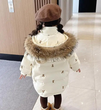 Детско зимно яке за момичета Малко мече Карикатура Удебелено детско палто с бродерия Бебешко горно облекло с качулка