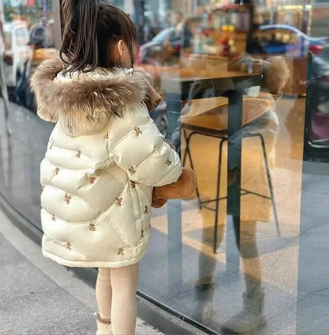 Detská zimná bunda pre dievčatá, kreslený film s medvedíkom, zahusťovacia detská vyšívaná bunda s kapucňou