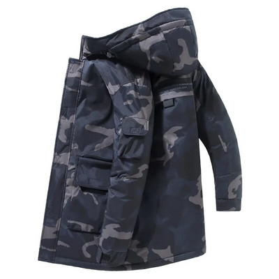 Jachetă cu glugă din puf de rață alb de camuflaj pentru bărbați, stil cargo, groasă, caldă, impermeabilă, ocazională, pentru bărbați.