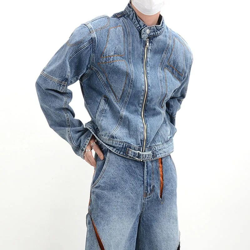 FEWQ Trojrozmerná dekonštrukcia Pánske džínsové bundy Pánsky dizajn Niche Pánske kabáty s vypchávkami na ramená High Street Vintage 24B3301