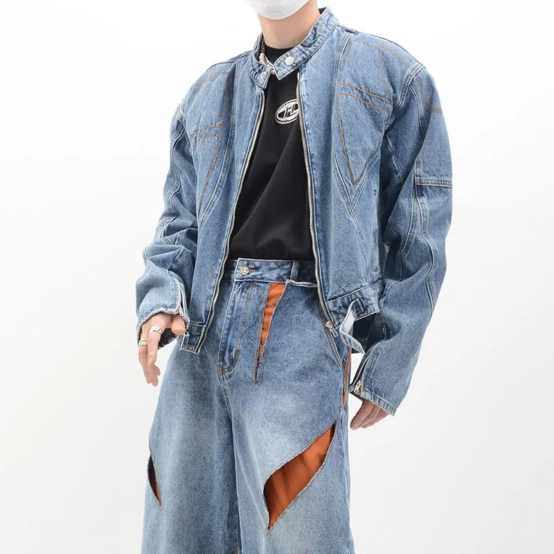 FEWQ Trojrozmerná dekonštrukcia Pánske džínsové bundy Pánsky dizajn Niche Pánske kabáty s vypchávkami na ramená High Street Vintage 24B3301