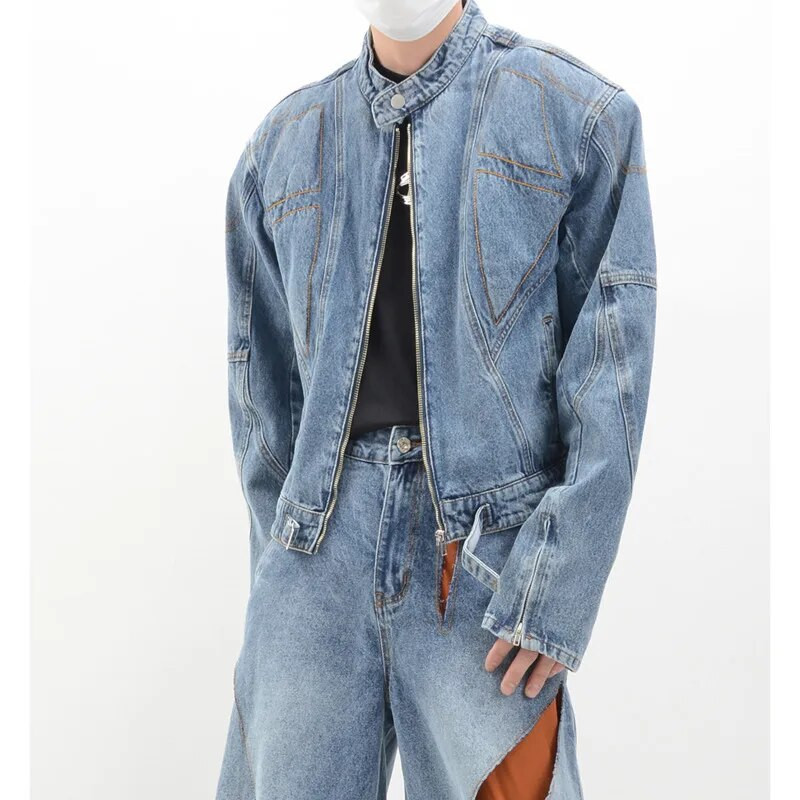 FEWQ Trojrozmerná dekonštrukcia Pánske džínsové bundy Pánsky dizajn Niche Pánske kabáty s vypchávkami na ramená High Street Vintage 24B3301