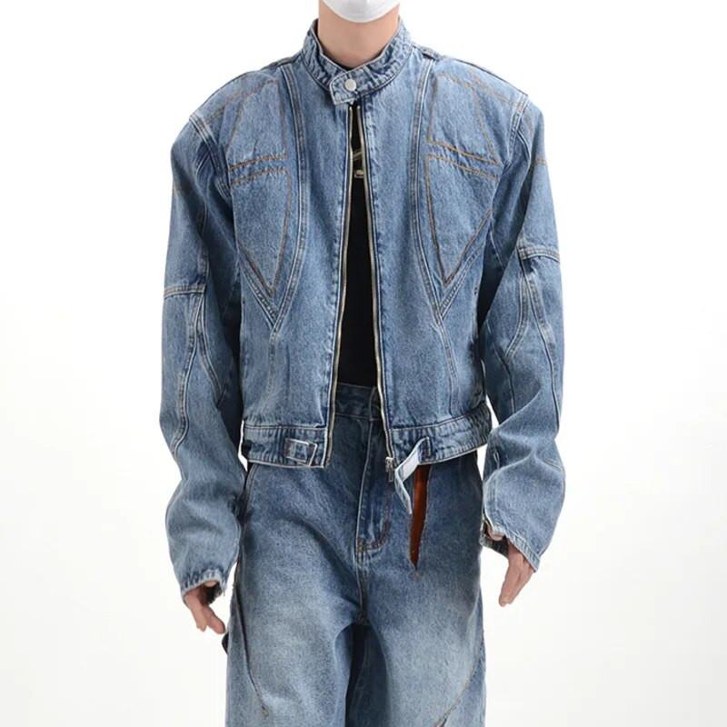 FEWQ Trojrozmerná dekonštrukcia Pánske džínsové bundy Pánsky dizajn Niche Pánske kabáty s vypchávkami na ramená High Street Vintage 24B3301