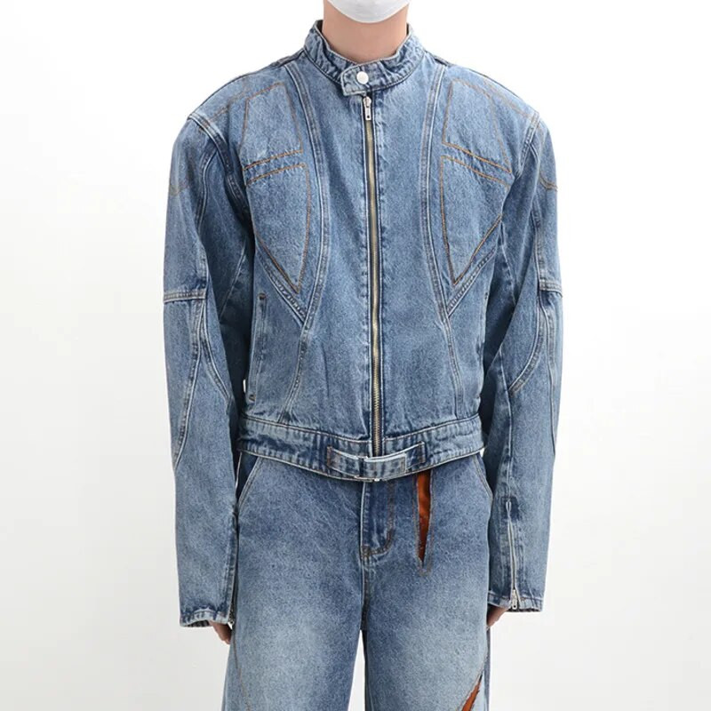 FEWQ Trojrozmerná dekonštrukcia Pánske džínsové bundy Pánsky dizajn Niche Pánske kabáty s vypchávkami na ramená High Street Vintage 24B3301