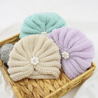 Baby Headband Hat Crochet Knitted Pearls Flower Hat Warm Caps Infant Baby Girl Boy Winter Beanie Turban Baby Hair Accessories