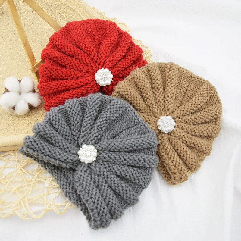 Kūdikių galvos juosta kepurė Nerti megzti perlai gėlių kepurė Šiltos kepuraitės kūdikiams kūdikiams mergaitei berniukui žieminė kepurė Turbanas kūdikių plaukų aksesuarai