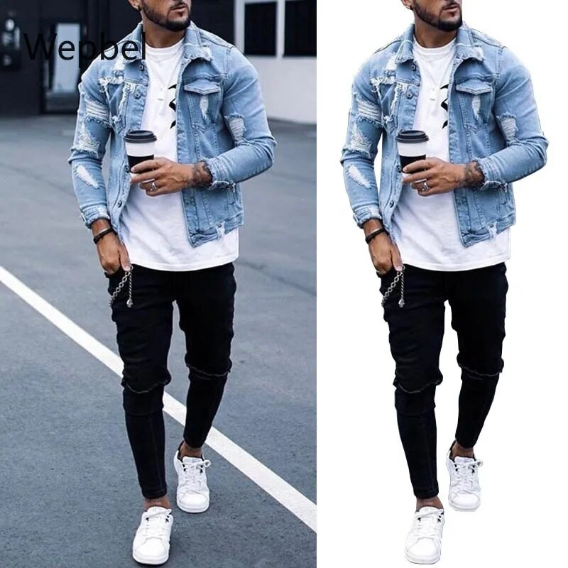Jachetă Wepbel Hole Washed Moda bărbătească Slim Fit, primăvară și toamnă, haină de denim pentru bărbați, cu buzunar ocazional, jachete de dimensiuni mari S-3XL