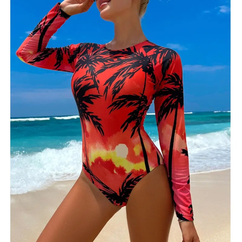 Letné jednodielne plavky s uzavretým dlhým rukávom, športové dámske plavecké oblečenie, plážové kúpanie, surfovanie, plavecké oblečenie