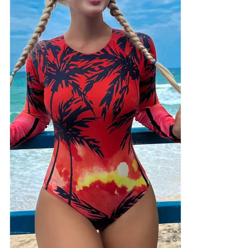 Letné jednodielne plavky s uzavretým dlhým rukávom, športové dámske plavecké oblečenie, plážové kúpanie, surfovanie, plavecké oblečenie