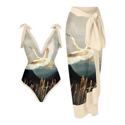 1 sada dámskych monokini s potlačou, ramienkami a chrbtom, vintage retro, s polyesterovým vzorom a dlhými šatami, plážové oblečenie