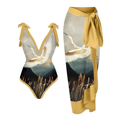 1 sada dámskych monokini s potlačou, ramienkami a chrbtom, vintage retro, s polyesterovým vzorom a dlhými šatami, plážové oblečenie