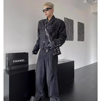 Мъжко изрязано дънково яке Корейска мода Винтидж Дизайн на колан с отложна яка Едноредно мъжко дънково палто Американски стил