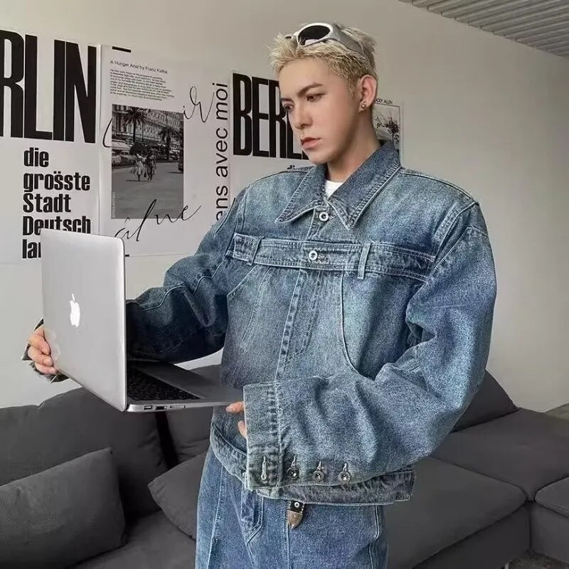 Pánska skrátená džínsová bunda v kórejskom štýle, vintage golier s opaskom, jednoradový pánsky džínsový kabát v americkom štýle