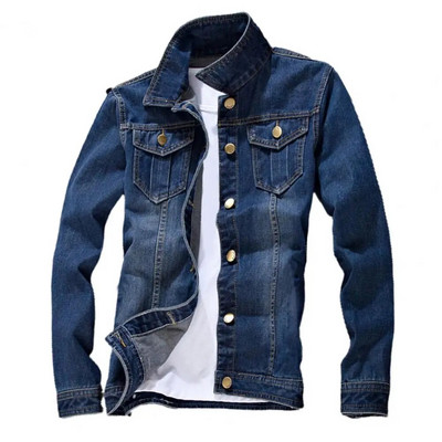 Jachetă de blugi pentru bărbați, culoare solidă, cu rever, cu mânecă lungă, îmbrăcăminte de îmbrăcăminte, toamnă, iarnă, slim fit, pentru adolescenți, haină de blugi Streetwear