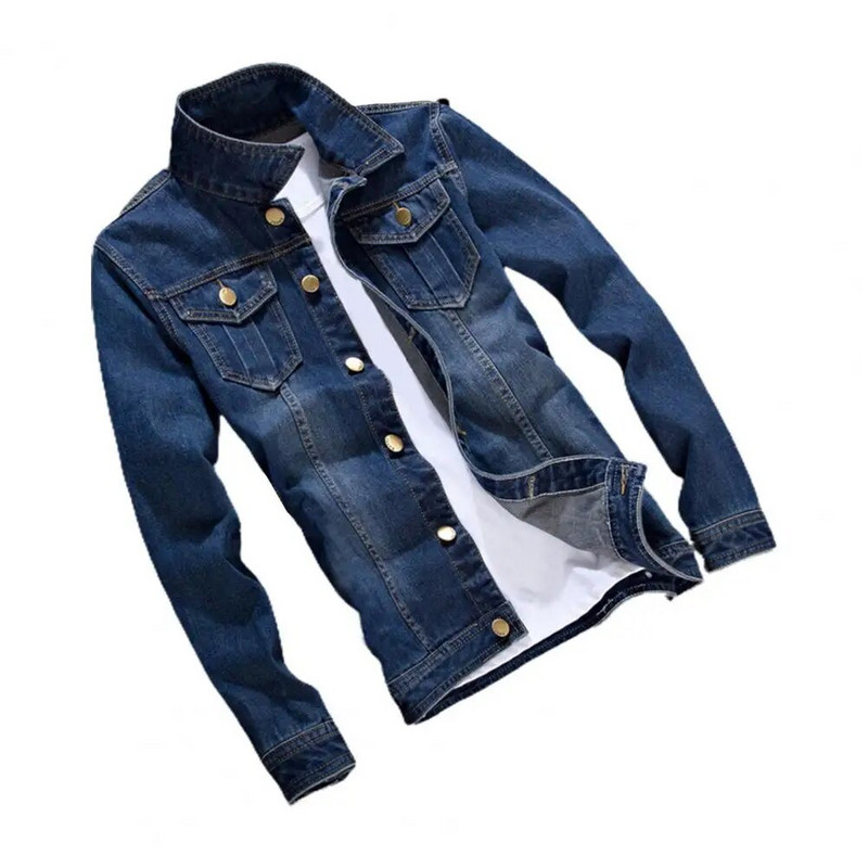 Pánske džínsové bundy, jednofarebné, s dlhým rukávom a klopou, jeseň/zima, slim fit, tínedžerské džínsové bundy, streetwear