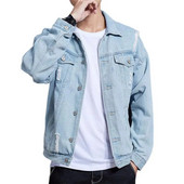 Jachete de blugi cu găuri noi de modă pentru bărbați, din bumbac, îmbrăcăminte exterioară, pentru bărbați, haine de stradă casual, guler tun, jachete retro de denim pentru bărbați