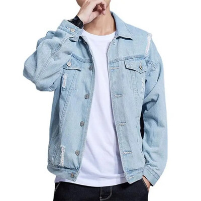 Jauns Fashion Hole Džinsu jakas Vīriešu Plānas Kokvilnas Džinsu Virsdrēbes Vīriešu Causal Streetwear Mētelis Tun Down Collar Retro džinsu jakas Vīrietis