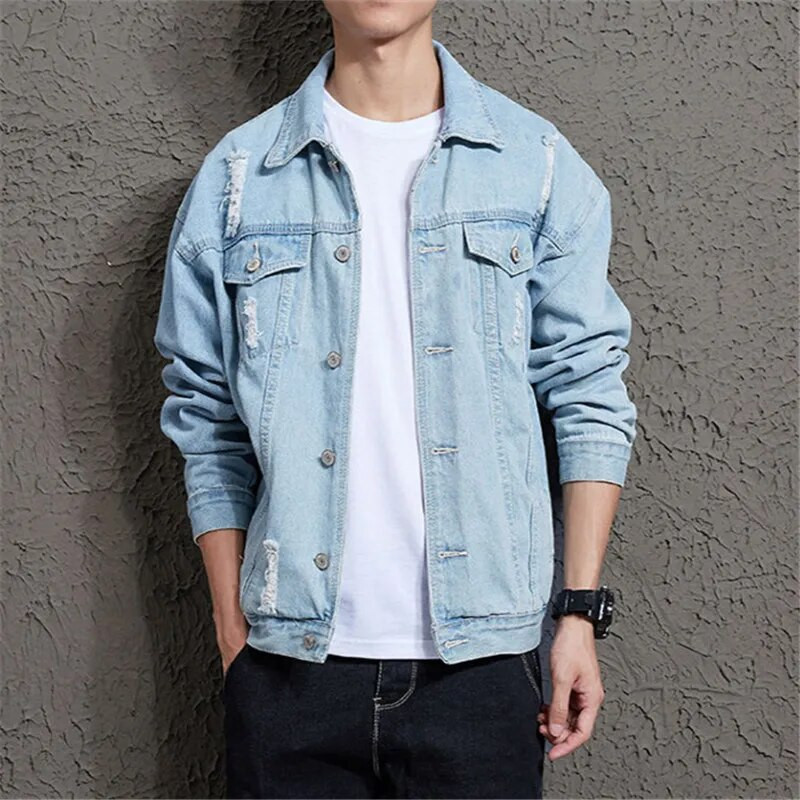 Jachete de blugi cu găuri noi de modă pentru bărbați, din bumbac, îmbrăcăminte exterioară, pentru bărbați, haine de stradă casual, guler tun, jachete retro de denim pentru bărbați
