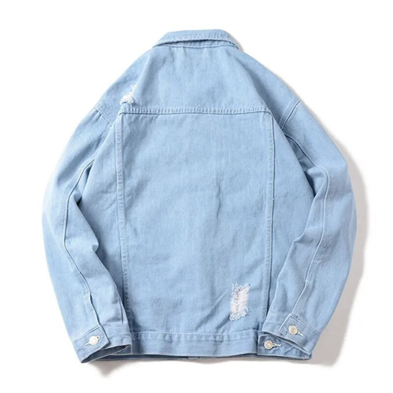 Jachete de blugi cu găuri noi de modă pentru bărbați, din bumbac, îmbrăcăminte exterioară, pentru bărbați, haine de stradă casual, guler tun, jachete retro de denim pentru bărbați