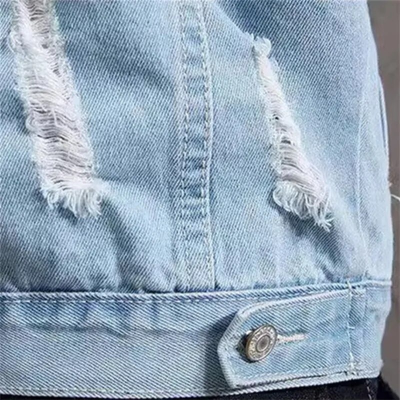Jachete de blugi cu găuri noi de modă pentru bărbați, din bumbac, îmbrăcăminte exterioară, pentru bărbați, haine de stradă casual, guler tun, jachete retro de denim pentru bărbați