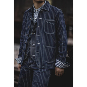 Amekaji Vintage Denim Jacket Мъжко раирано работно облекло с много джобове Яке с инструменти Пролет Есен Ново дънково палто с основен цвят