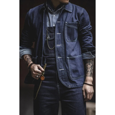 Amekaji Vintage Denim Jacket Men`s Lapel Multi-Back Striped Workwear Tooling Jacket Jar Jesenný Nový Základný Farebný Denim Coat