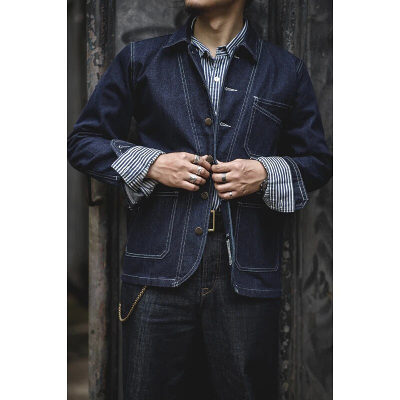 Amekaji Vintage Denim Jacket Men's Lapel Multi-Back Striped Workwear Tooling Jacket Jar Jesenný Nový Základný Farebný Denim Coat