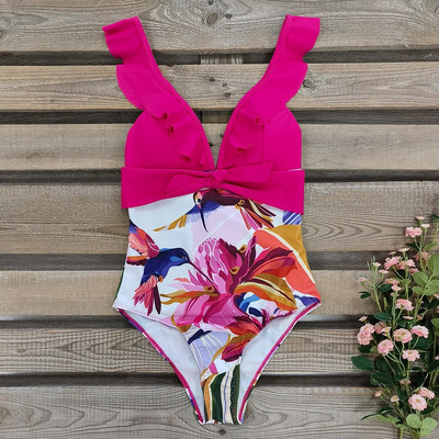 2024 Sexy nové volánové jednodielne plavky s odhalenými ramenami, dámske plavky s hlbokým V, plážové oblečenie