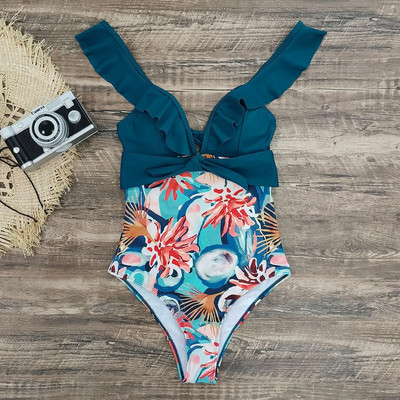 2024 Sexy nové volánové jednodielne plavky s odhalenými ramenami, dámske plavky s hlbokým V, plážové oblečenie