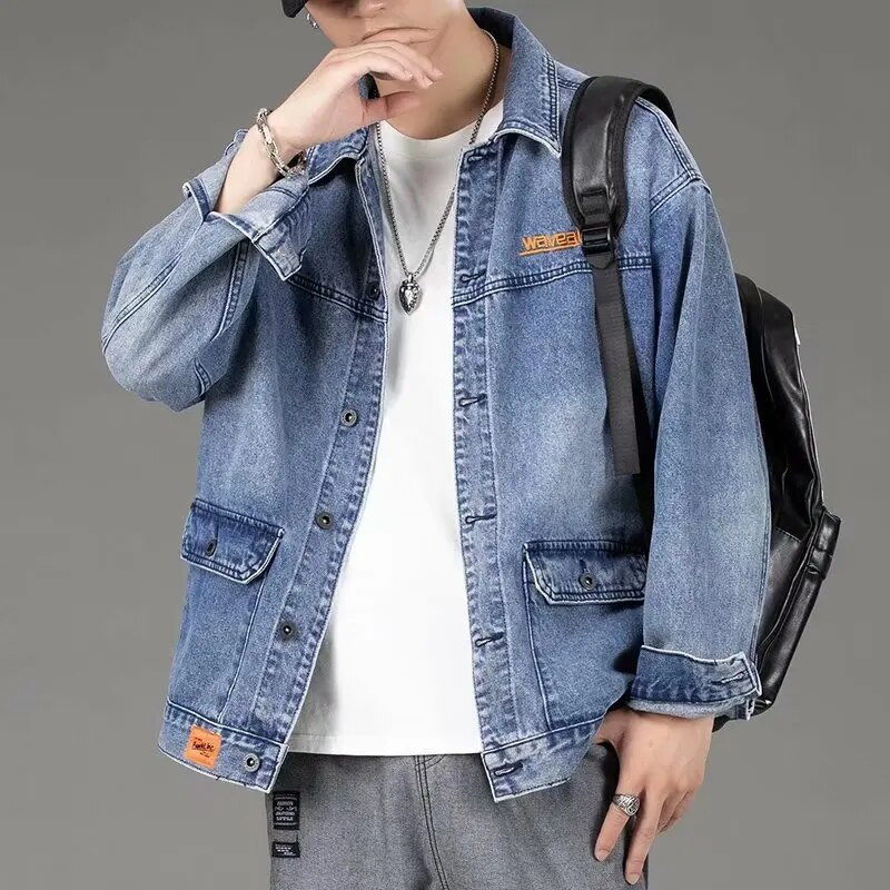 Jachetă de blugi pentru bărbați Streetwear Hip Hop Jachete de jeans pentru bărbați Îmbrăcăminte exterioară lejeră pentru bărbați Versiune coreeană Salopete largi S-4XL