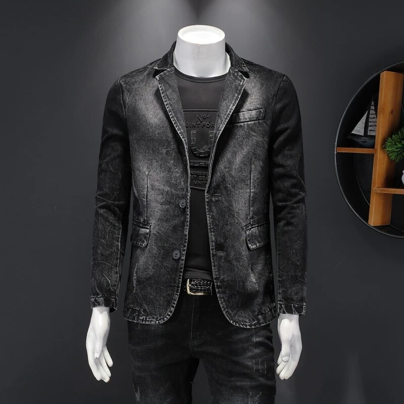 Pamut férfi farmer öltöny dzseki egysoros zsebek szürke hétköznapi utcai tavaszi ősz férfi felsőruházat karcsú férfi cowboy blézer