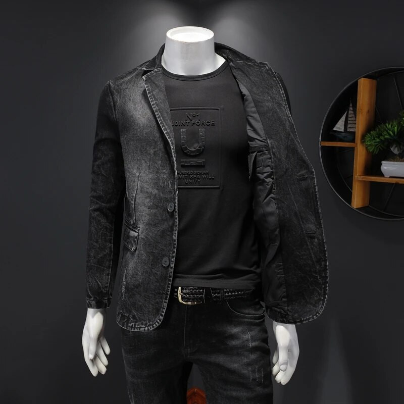 Pamut férfi farmer öltöny dzseki egysoros zsebek szürke hétköznapi utcai tavaszi ősz férfi felsőruházat karcsú férfi cowboy blézer