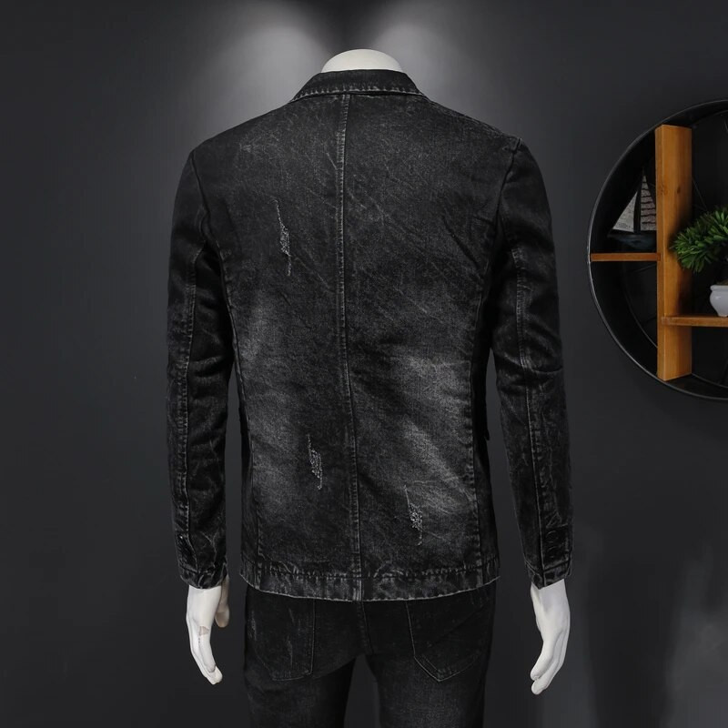 Pamut férfi farmer öltöny dzseki egysoros zsebek szürke hétköznapi utcai tavaszi ősz férfi felsőruházat karcsú férfi cowboy blézer