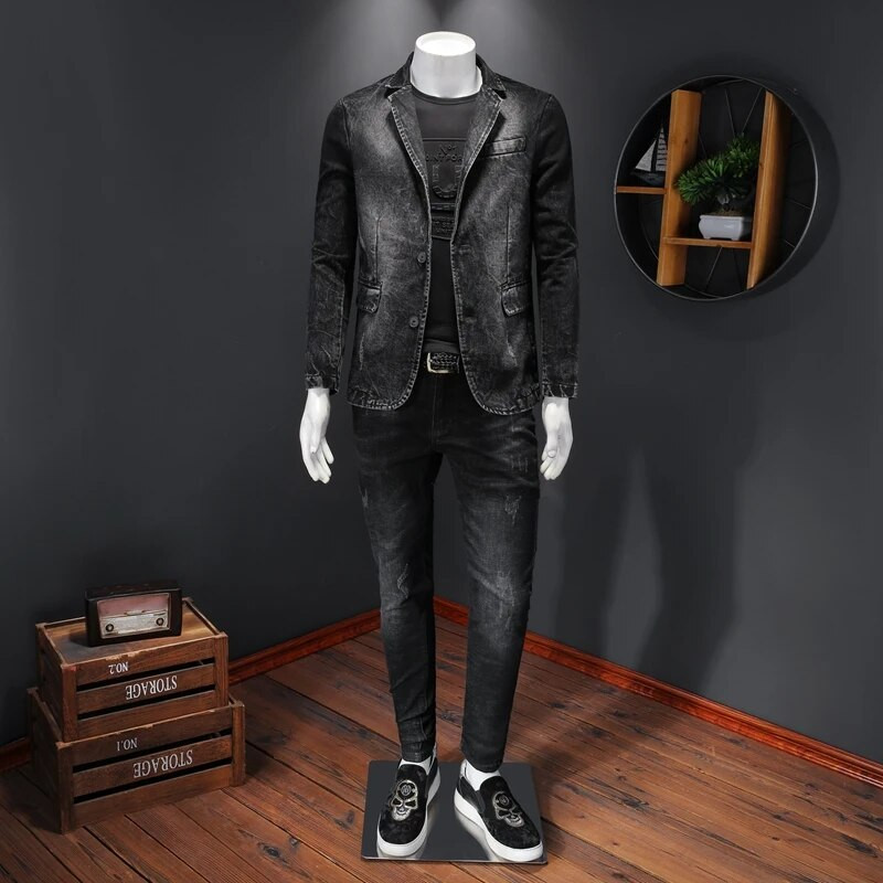 Pamut férfi farmer öltöny dzseki egysoros zsebek szürke hétköznapi utcai tavaszi ősz férfi felsőruházat karcsú férfi cowboy blézer