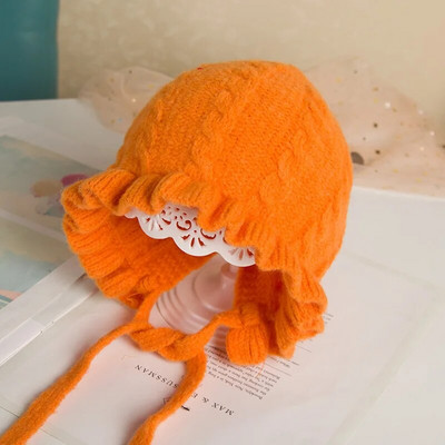 Detská čiapka Zimná dievčenská čiapka s kapucňou Jesenná a zimná ochrana sluchu Teplá vlnená čiapka Čipka pre dievčatá Pletená čiapka