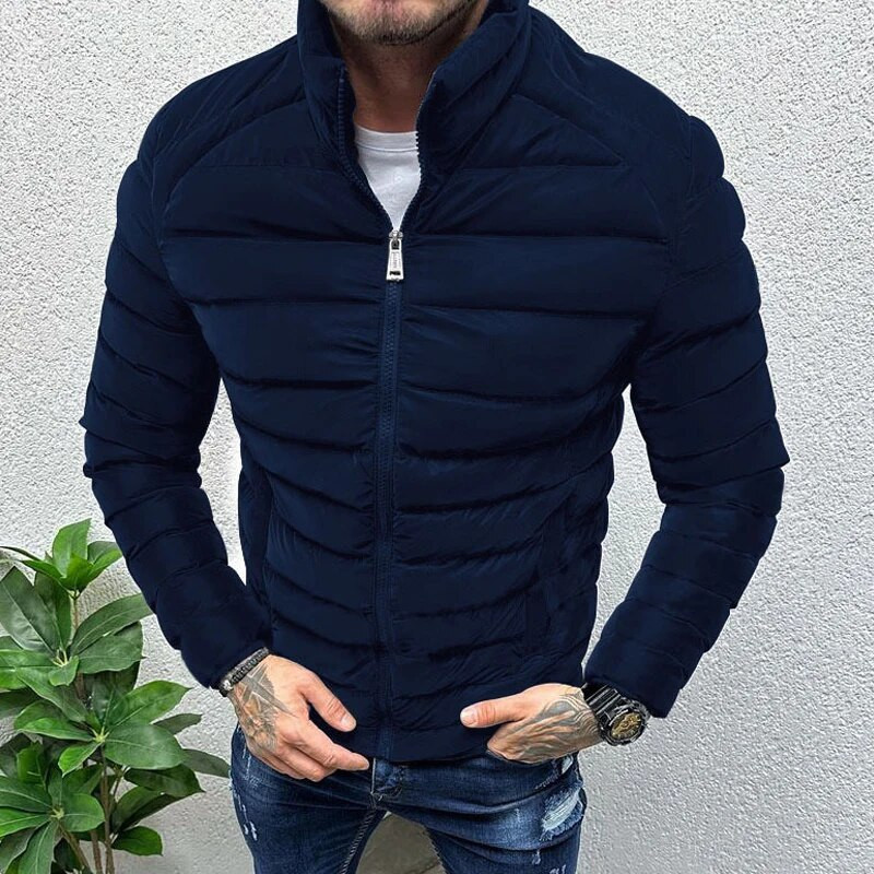 Jachetă de puf pentru bărbați, caldă de iarnă, haină de stradă, ocazională, slim fit, guler cu fermoar, jachete căptușite din bumbac, haine cu mânecă lungă pentru bărbați