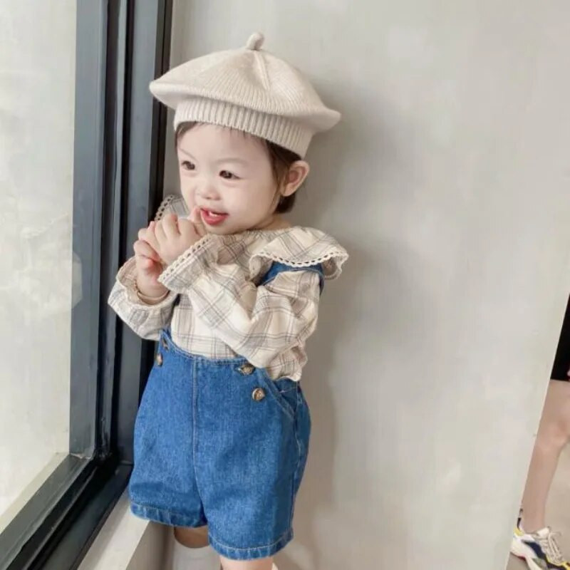 Сладки бебешки барети Вълнени плетени шапки с барети Френски плоски карирани детски шапки Универсални меки плетени есенно-зимни топли шапки на открито