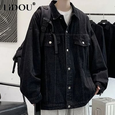 Kevad-sügismood Ilus trend Teksad Jakk Meeste Lihtne vabaaja ühevärviline teksariide Meeste mantel Lahti vintage tänavarõivad