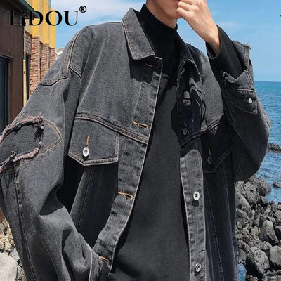 Kevad-sügismood Ilus trend Teksad Jakk Meeste Lihtne vabaaja ühevärviline teksariide Meeste mantel Lahti vintage tänavarõivad