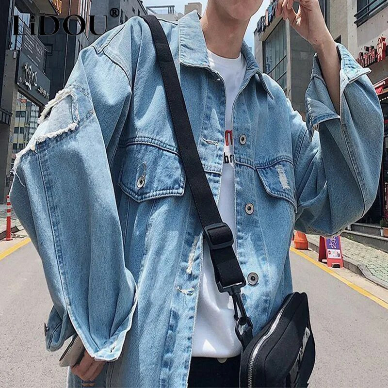 Kevad-sügismood Ilus trend Teksad Jakk Meeste Lihtne vabaaja ühevärviline teksariide Meeste mantel Lahti vintage tänavarõivad