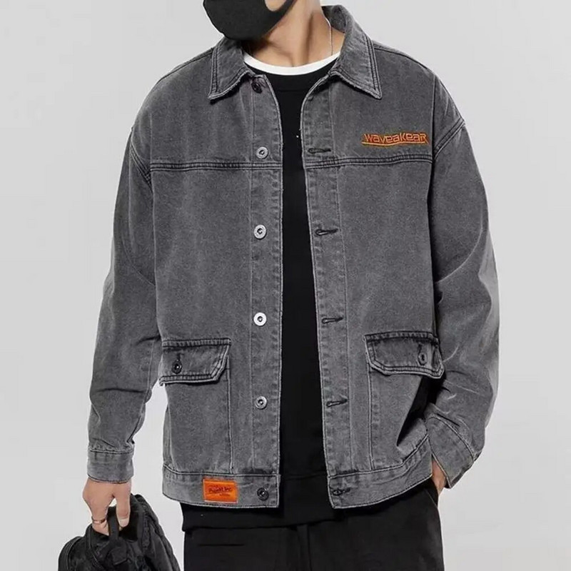 Pánska džínsová bunda M-4XL s golierom, jednoduchým zapínaním a dlhým rukávom, voľný kardigan, teplá jarná jesenná nadrozmerná džínsová bunda
