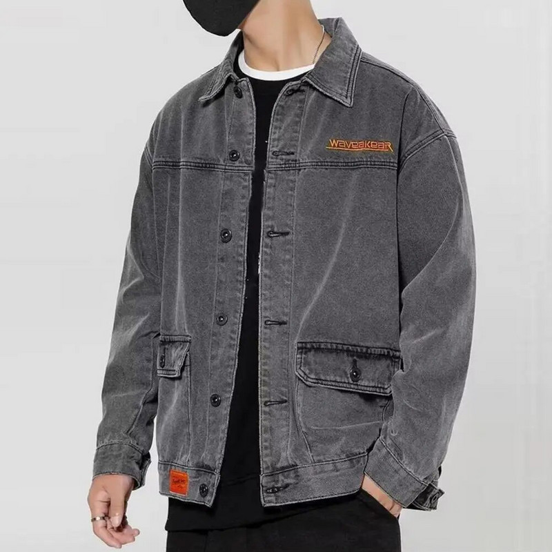 Pánska džínsová bunda M-4XL s golierom, jednoduchým zapínaním a dlhým rukávom, voľný kardigan, teplá jarná jesenná nadrozmerná džínsová bunda