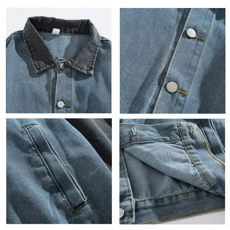 Jachetă din denim mozaic bărbați largi, toamnă iarnă, ocazional jachetă retro, tendință denim, paltoane de cowboy, mânecă lungă, îmbrăcăminte exterioară la modă