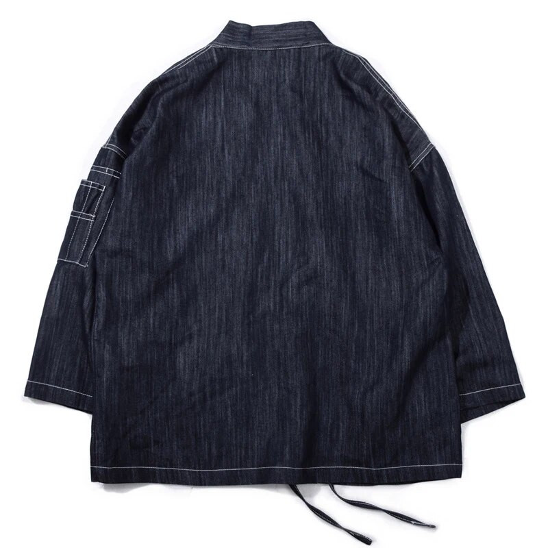 Jachetă Kimono de denim subțire pentru bărbați în stil japonez, guler stand, mâneci trei sferturi, broderie Sakura, Haori largi, cu buzunar de mânecă