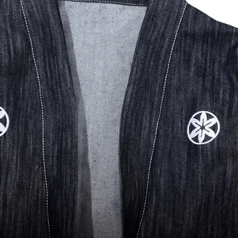 Jachetă Kimono de denim subțire pentru bărbați în stil japonez, guler stand, mâneci trei sferturi, broderie Sakura, Haori largi, cu buzunar de mânecă