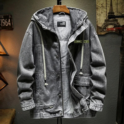 Džínsová bunda Vintage Multi Bag Zip Front Jacket Men Taktická vetrovka Praná bavlnená kapucňa Kabát Outwear pre chlapcov Móda