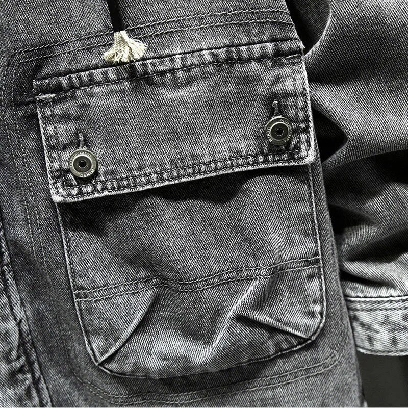 Džínsová bunda Vintage Multi Bag Zip Front Jacket Men Taktická vetrovka Praná bavlnená kapucňa Kabát Outwear pre chlapcov Móda