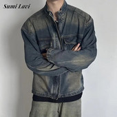 Jachete hip hop pentru bărbați de primăvară 2024 Îmbrăcăminte exterioară din denim, buzunare mozabile, haină de jeans pentru bărbați, cu guler de epocă, ținute cu fermoar