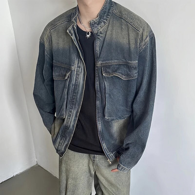 Jachete hip hop pentru bărbați de primăvară 2024 Îmbrăcăminte exterioară din denim, buzunare mozabile, haină de jeans pentru bărbați, cu guler de epocă, ținute cu fermoar